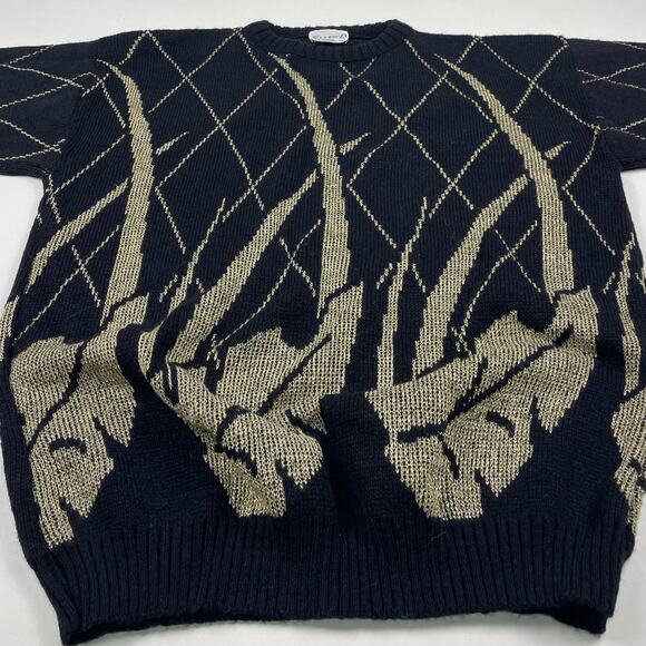 Vintage Fall Leaf Sweater Womens 90s Black & Gold Knit Acrylic Size Large - Picture 6 of 7